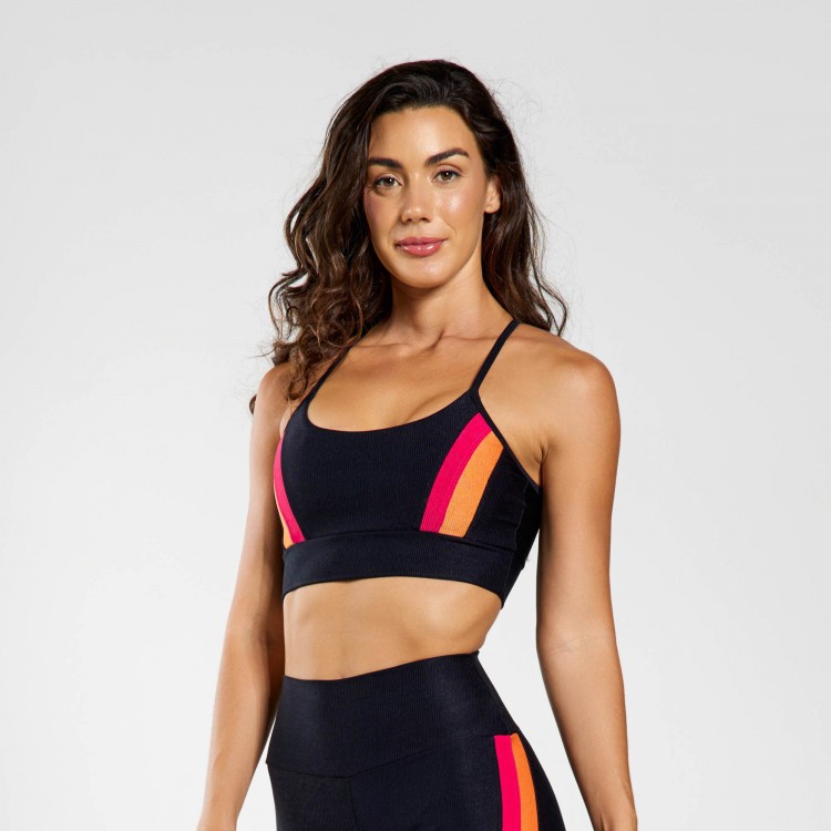 Top Fitness Micro Canelado Sinais Com Recortes Rosa e Laranja