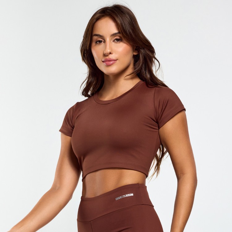 Top Cropped Poliamida Com Manga Café