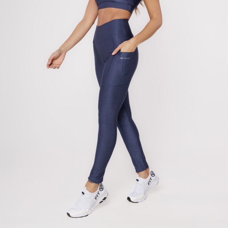 Calça Legging Micro Canelada Com Bolsos Marinho