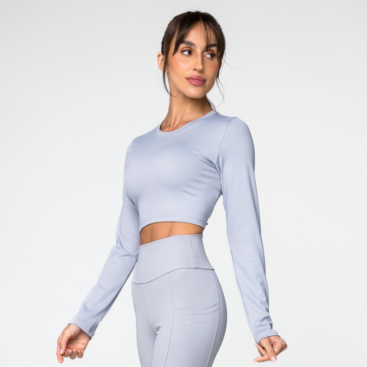 Top Cropped Poliamida Manga Longa Cinza Claro