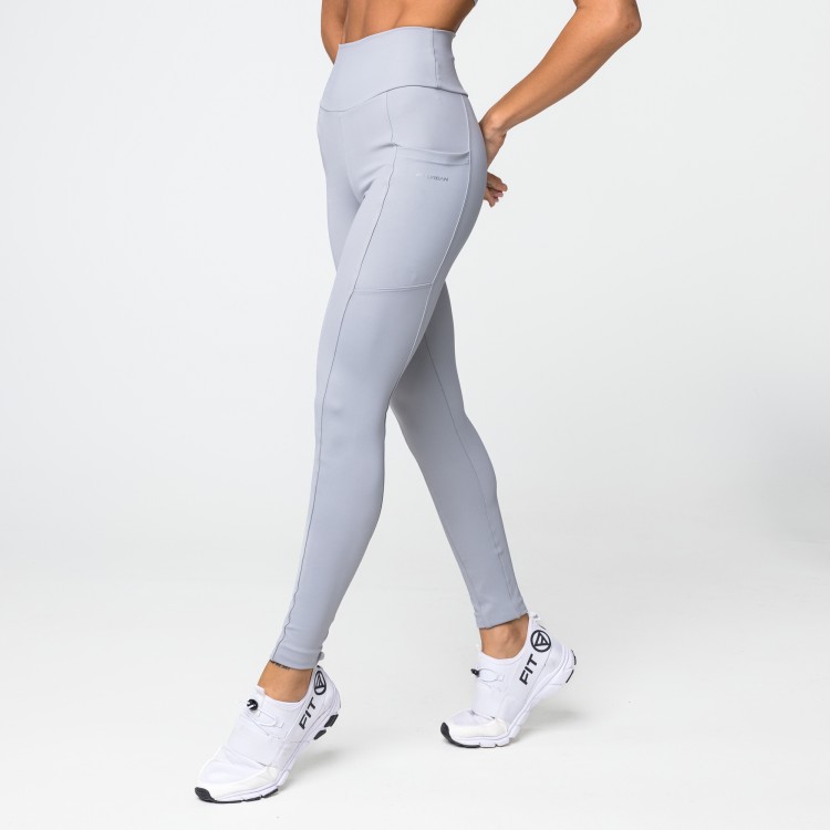 Calça Legging Poliamida Bolsos Laterais Cinza Claro
